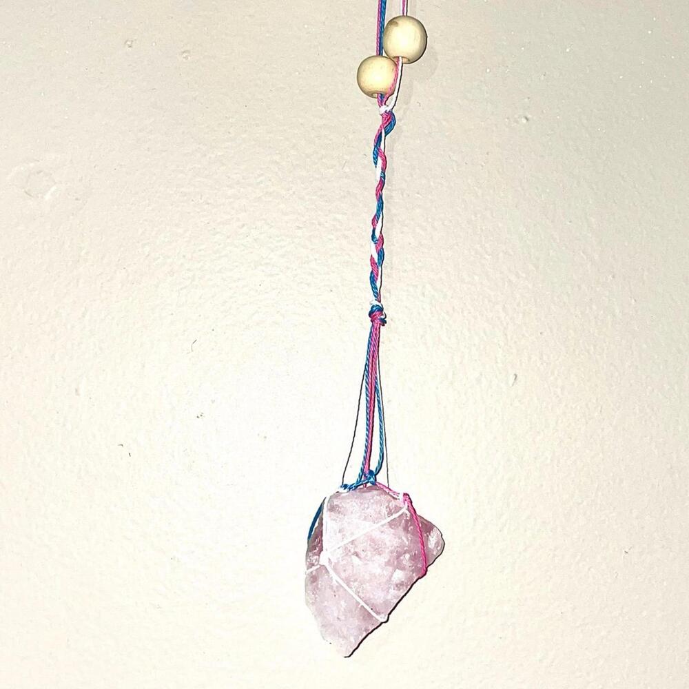 macrame wall hanging rear view mirror crystal car rose quartz witchy trans